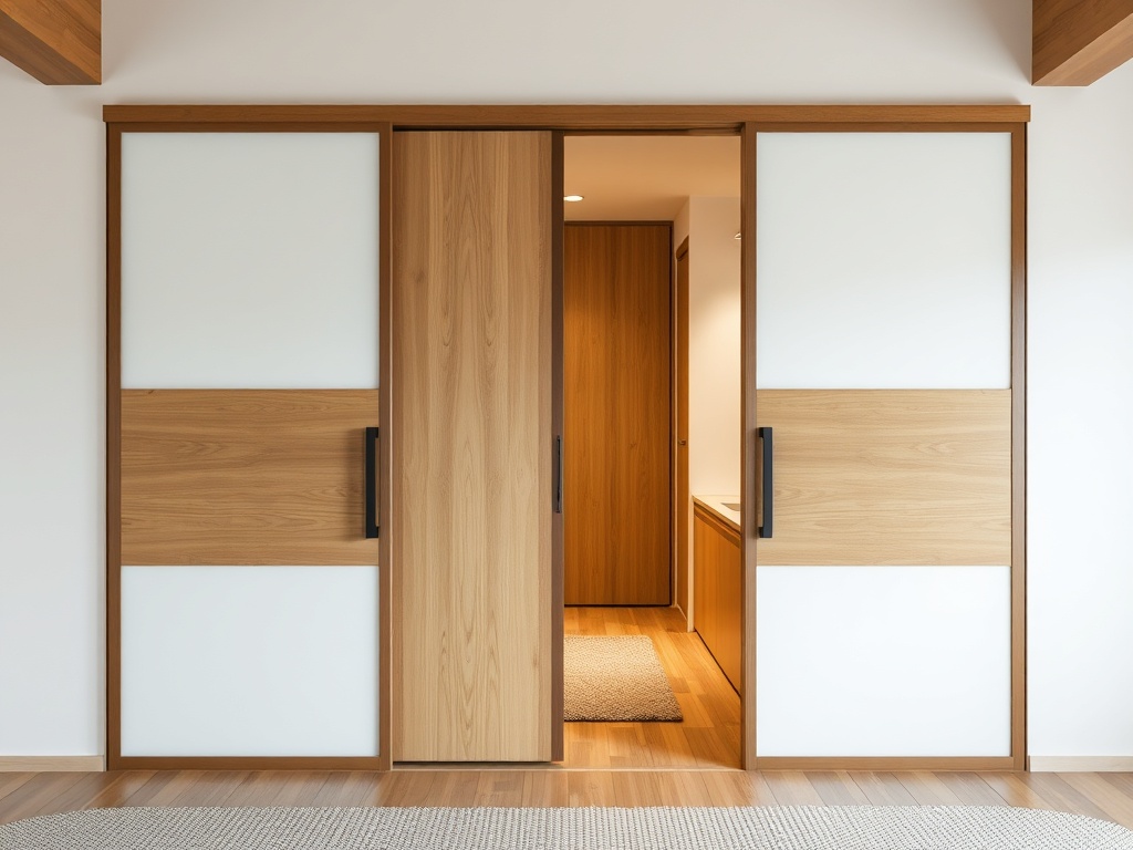 A sliding door separating two small rooms