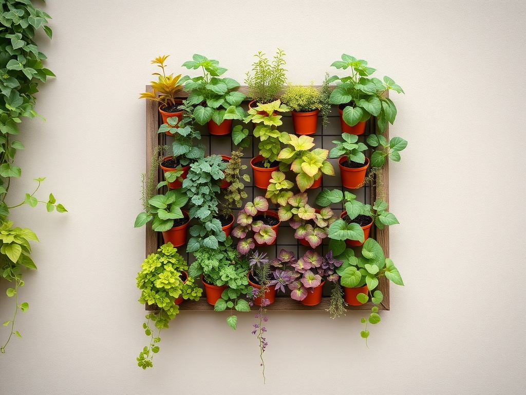 A vertical garden mounted on a wall with thriving plants