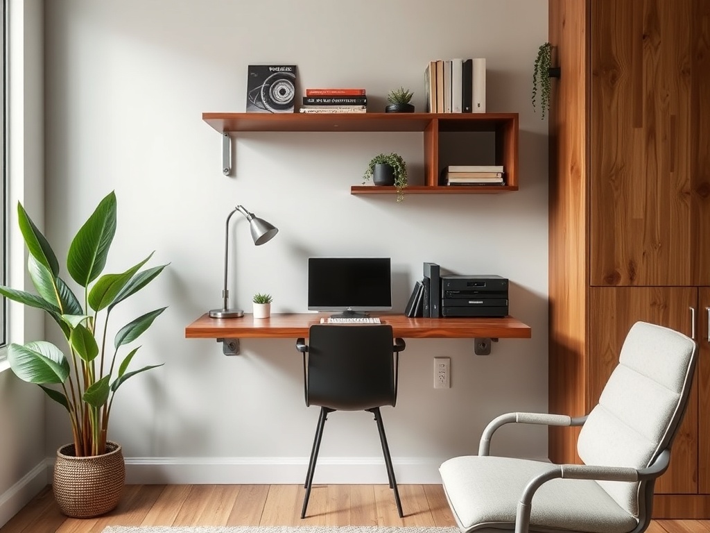 A wall-mounted desk in a small home office