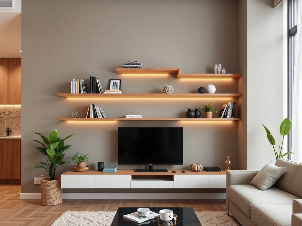 Stylish floating shelves mounted on a wall in a small living room