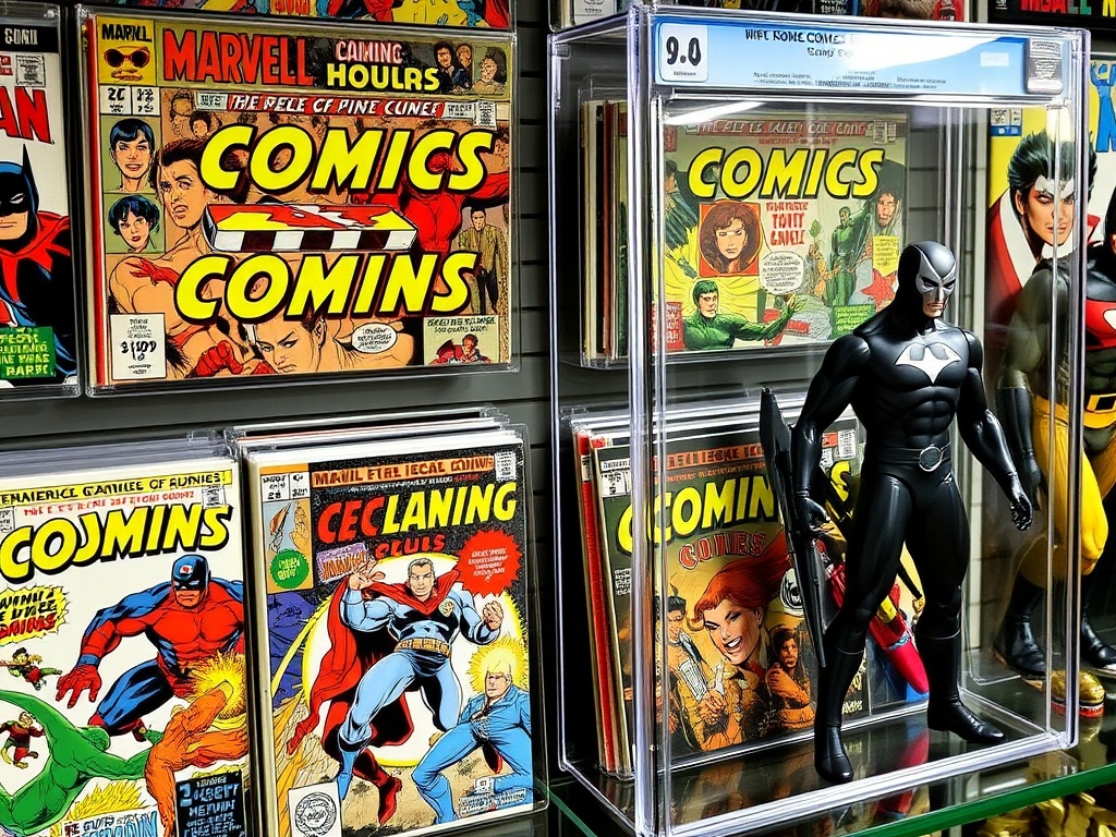 comic books displayed in protective cases next to action figures