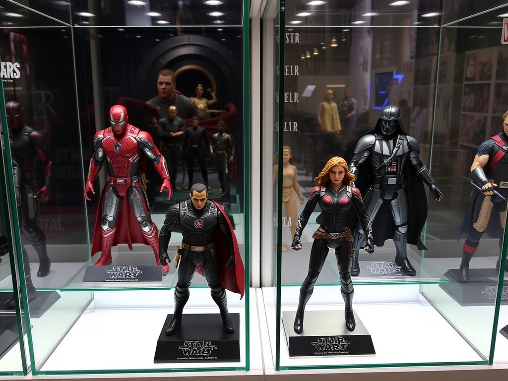 Hot Toys figures from Marvel and Star Wars displayed in glass cases