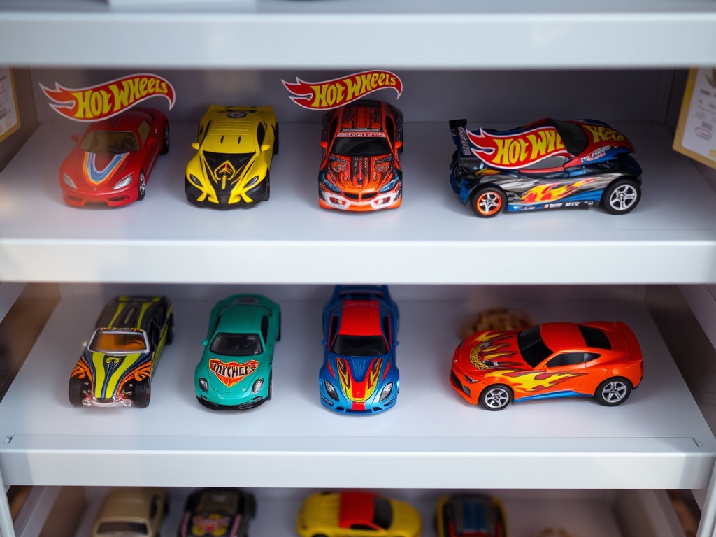 Hot Wheels cars displayed on a shelf in a collector's display case
