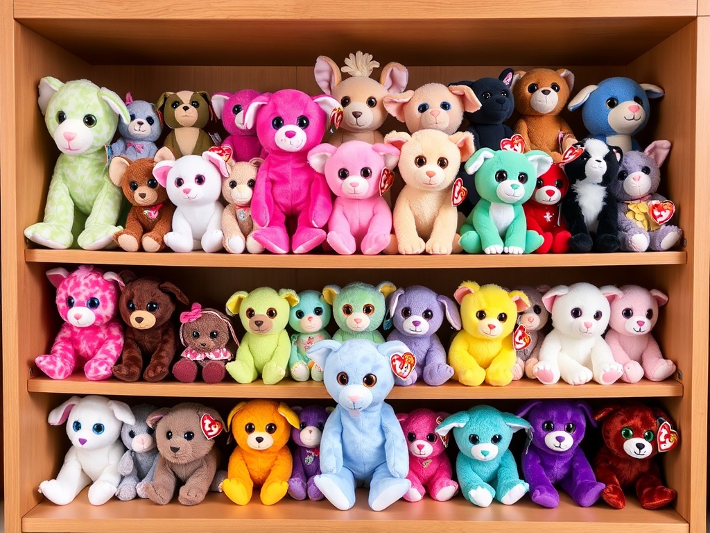 shelf of Beanie Babies plush toys arranged by rarity