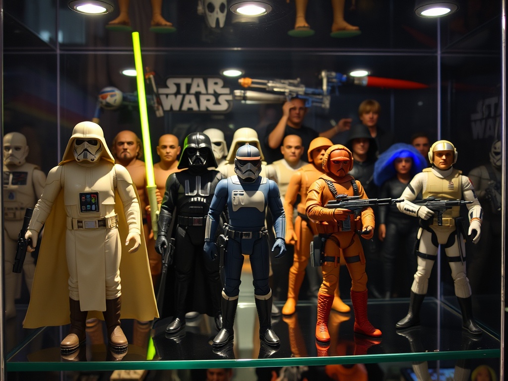 vintage action figures of Star Wars and GI Joe in a collector's display case, brightly lit