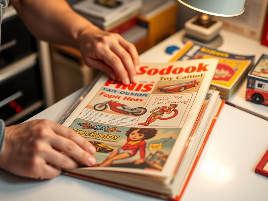 a collector carefully placing a vintage toy catalog into a protective sleeve on a clean desk