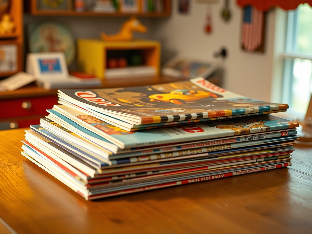 a stack of vintage toy catalogs from the 1970s and 1980s spread across a wooden table with warm nostalgic lighting