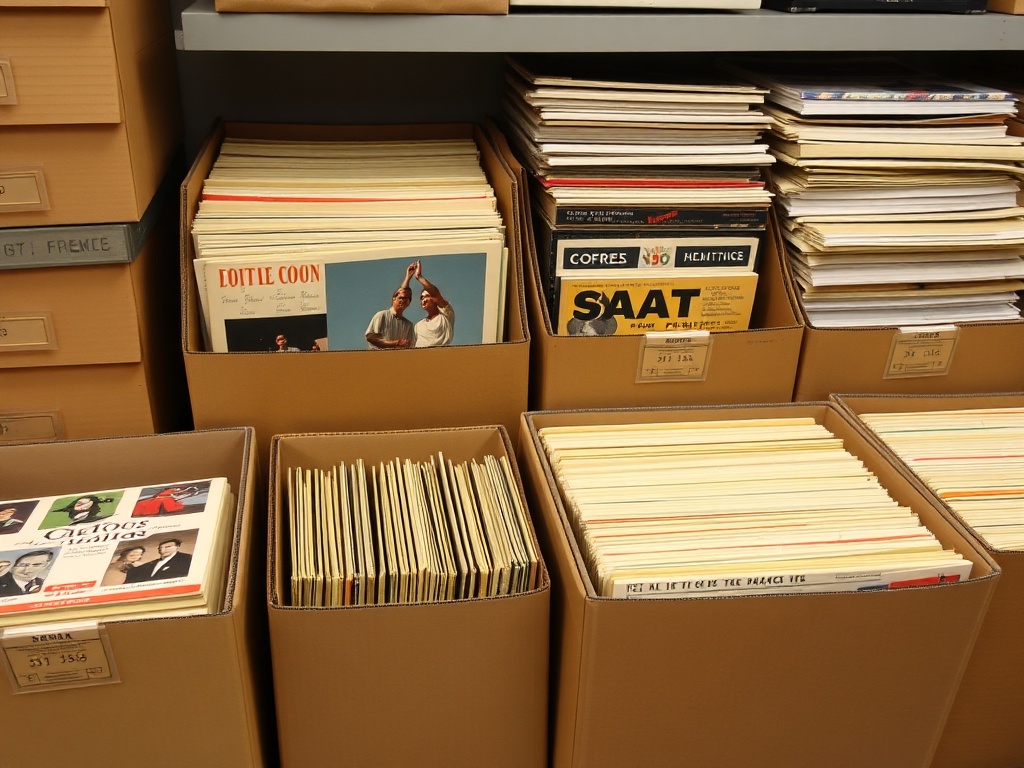 archival storage setup with acid-free boxes and neatly organized vintage catalogs in protective sleeves