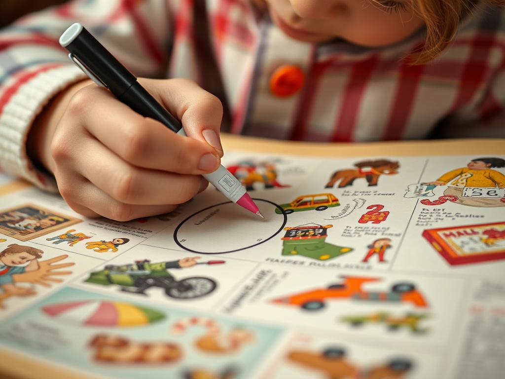 close-up of a child circling toys in a vintage catalog with a marker, evoking nostalgia and holiday anticipation