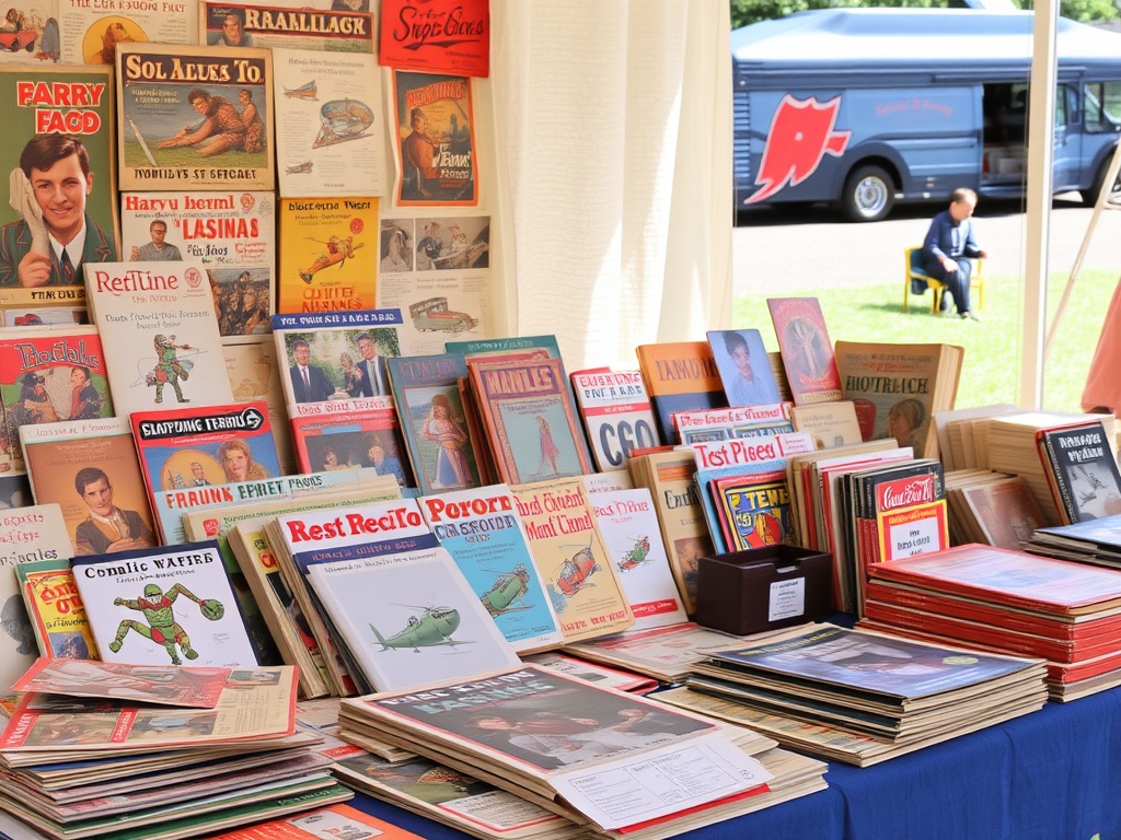 flea market table with assorted vintage paper items including toy catalogs magazines and ephemera in natural daylight