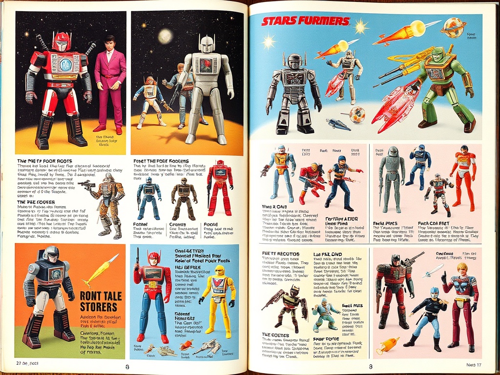 vintage toy catalog pages featuring classic action figures like robots and space toys with bold colorful layouts