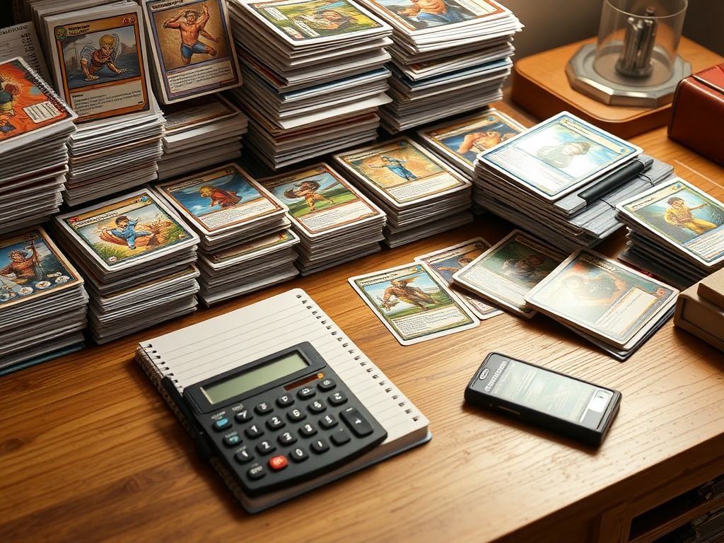 collector desk with budget notebook calculator trading cards organized neatly