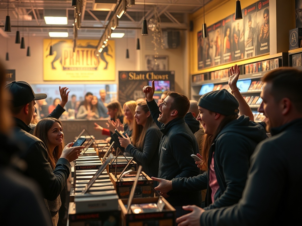 excited crowd at trading card shop opening new boxes launch day hype scene