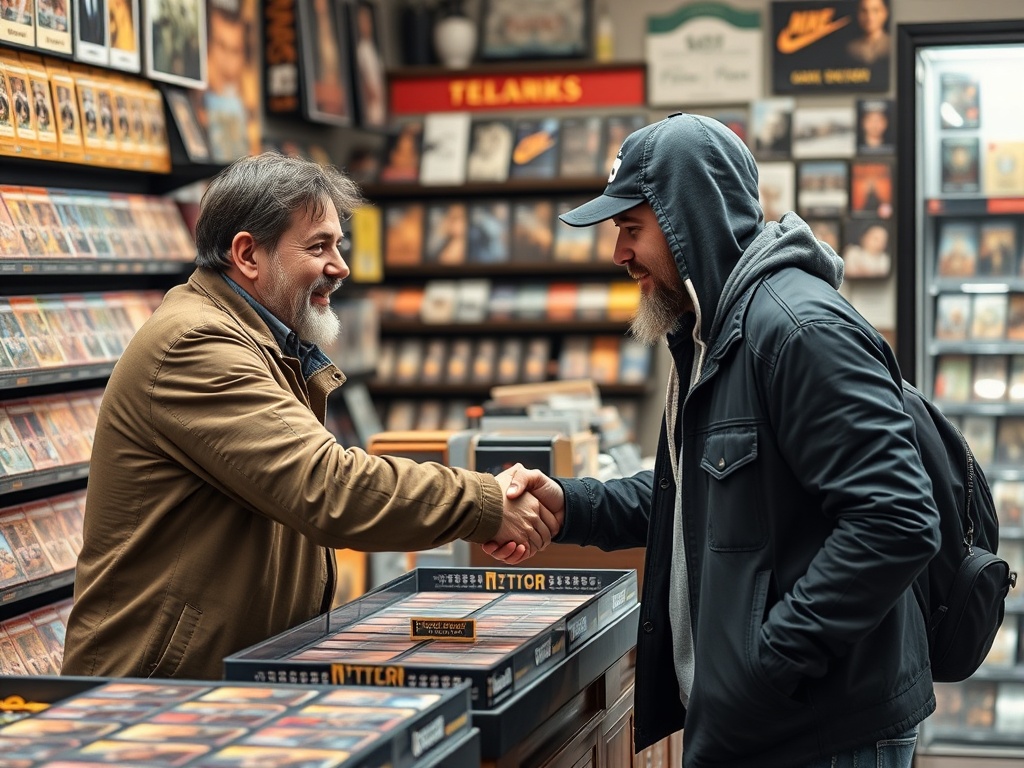 friendly handshake between trading card buyer and seller at hobby shop