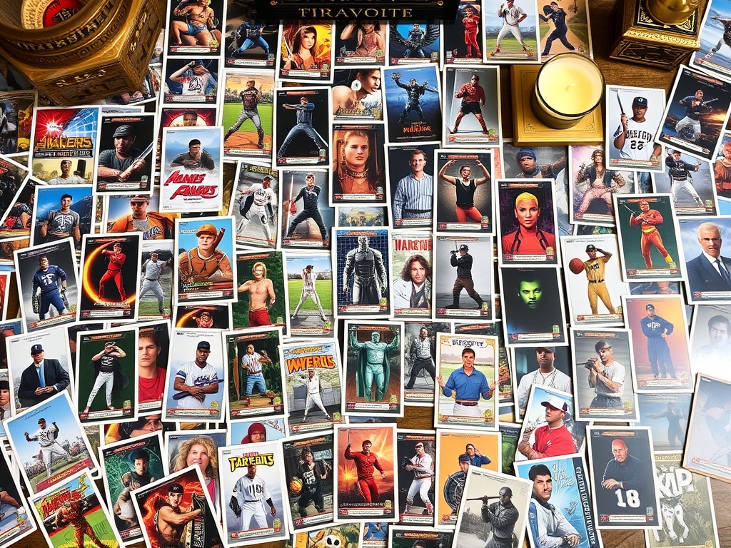 large lot of mixed trading cards spread across table treasure hunt vibe