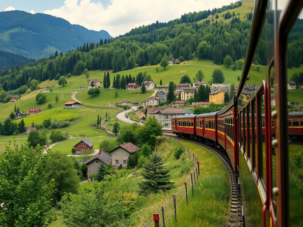 classic European countryside with train winding through hills, small villages, lush greenery, postcard style