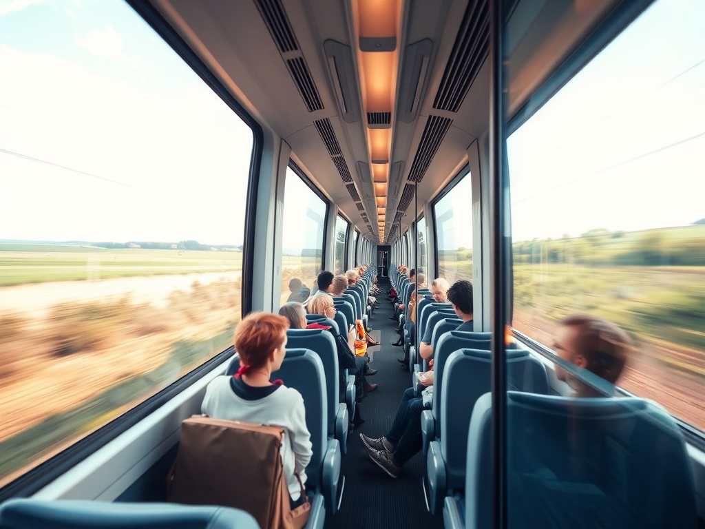 modern high-speed train interior with large windows, passengers relaxing, scenic countryside blur outside
