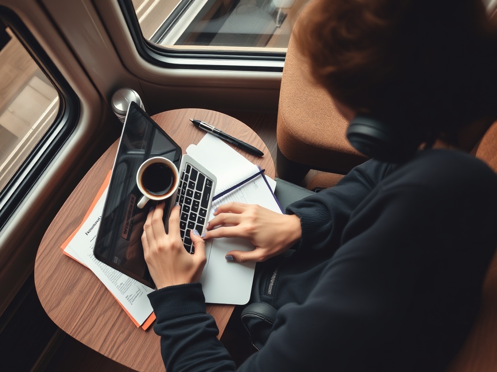 overhead shot of traveler using laptop to plan train trip with coffee and notebook, cozy workspace aesthetic