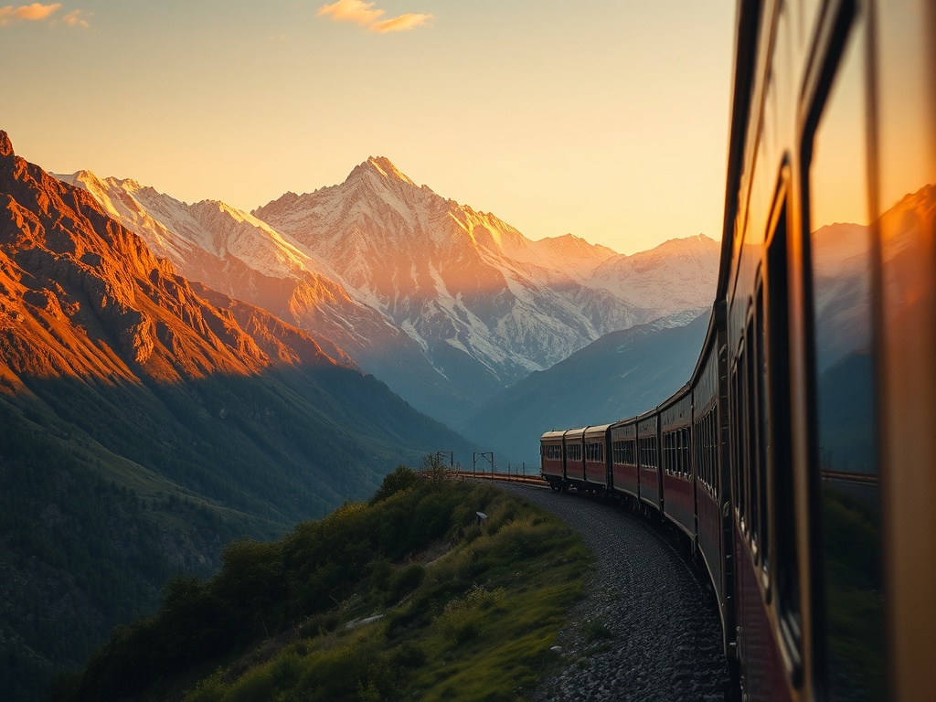 sunrise train passing through mountains with golden light, cinematic travel photography, wide scenic landscape