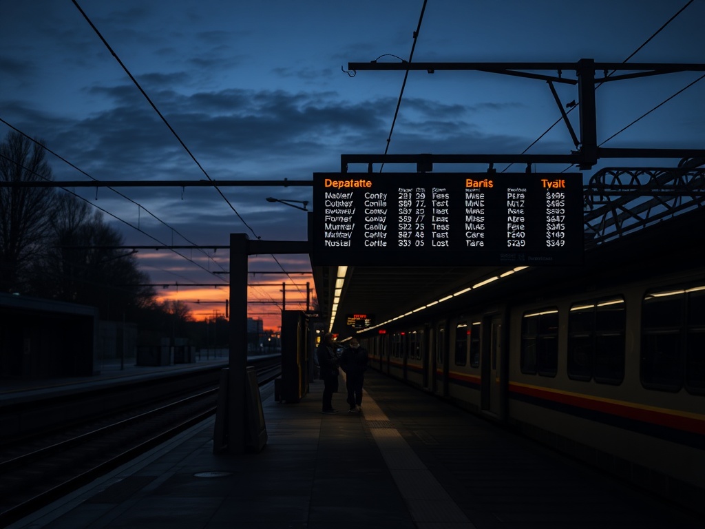 train station platform with digital departure board glowing at dusk, travelers waiting, moody lighting