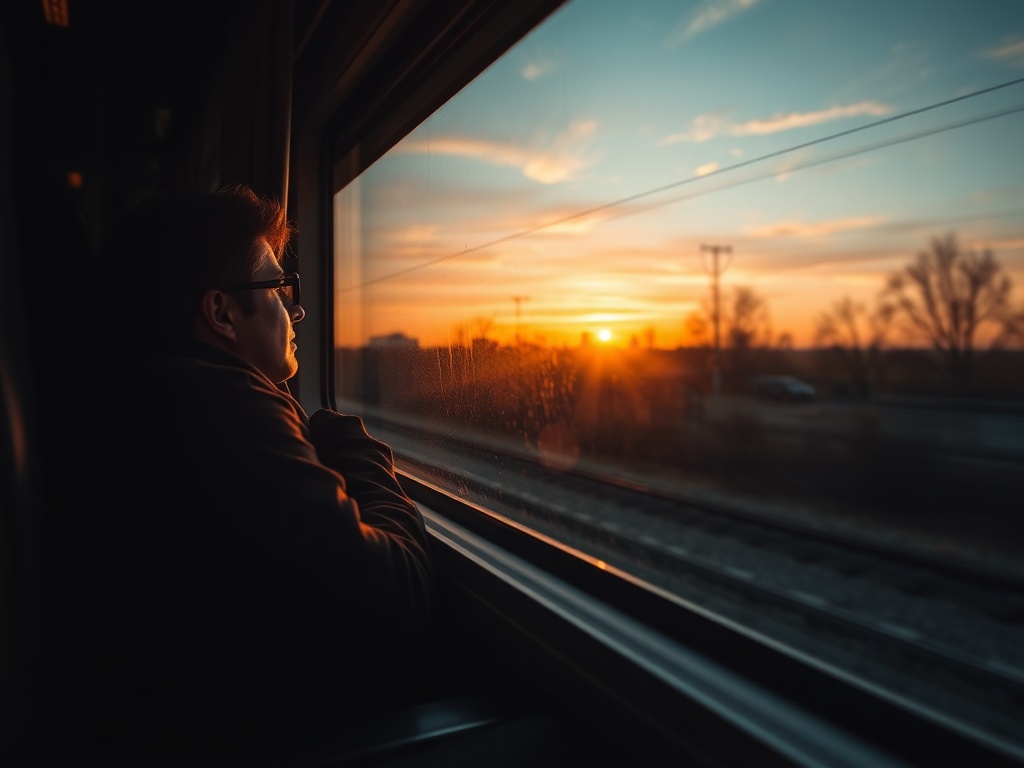traveler relaxing by train window watching sunset, reflective mood, warm tones, cinematic composition