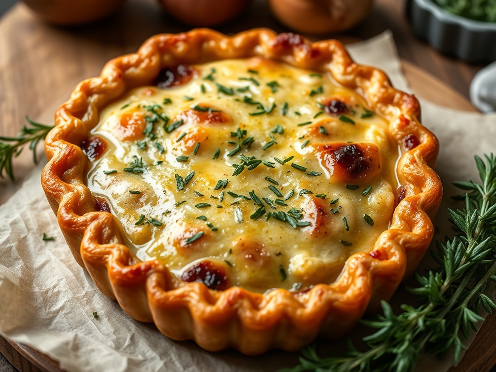 close-up of a Quebecois tourtiere with fresh herbs and rustic presentation