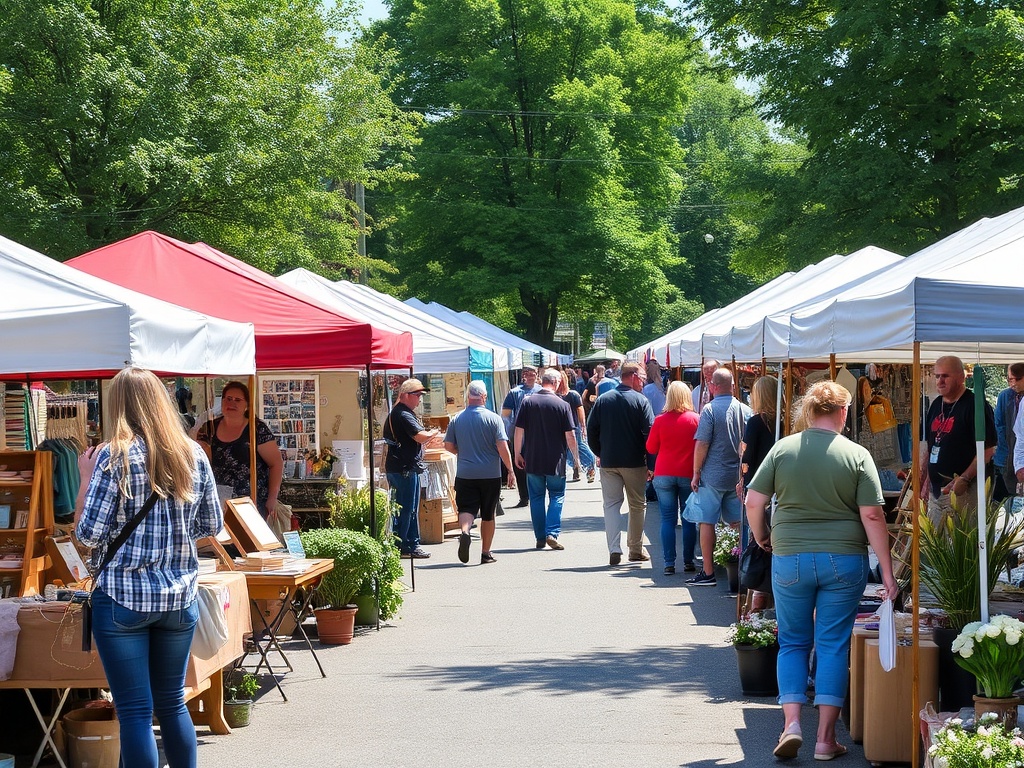 outdoor weekend artisan market in Trois-Rivieres with people browsing stalls