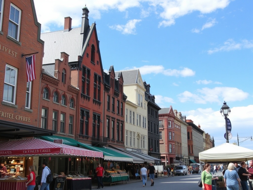 trois rivieres street scene with bustling local market and historic buildings in Quebec