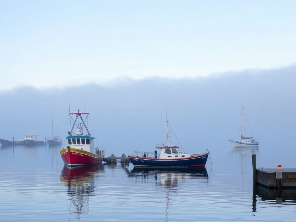 early morning in Ucluelet harbor with fishing boats and low fog rolling over calm water