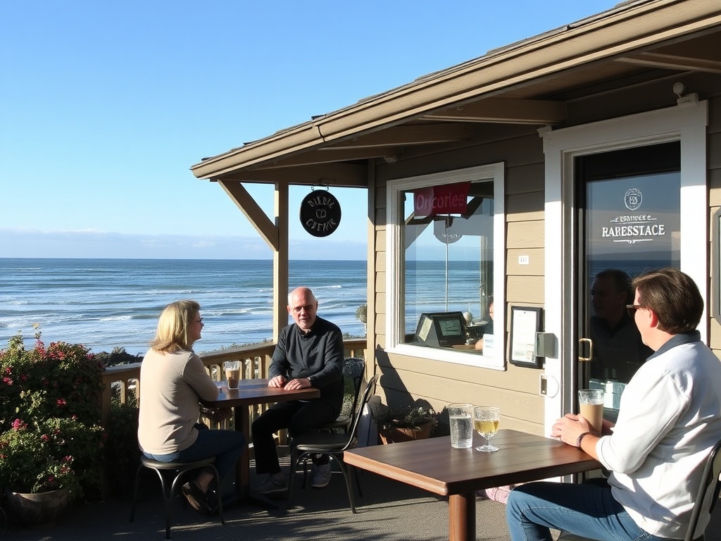 locals chatting outside a small cafe in Ucluelet with ocean in background