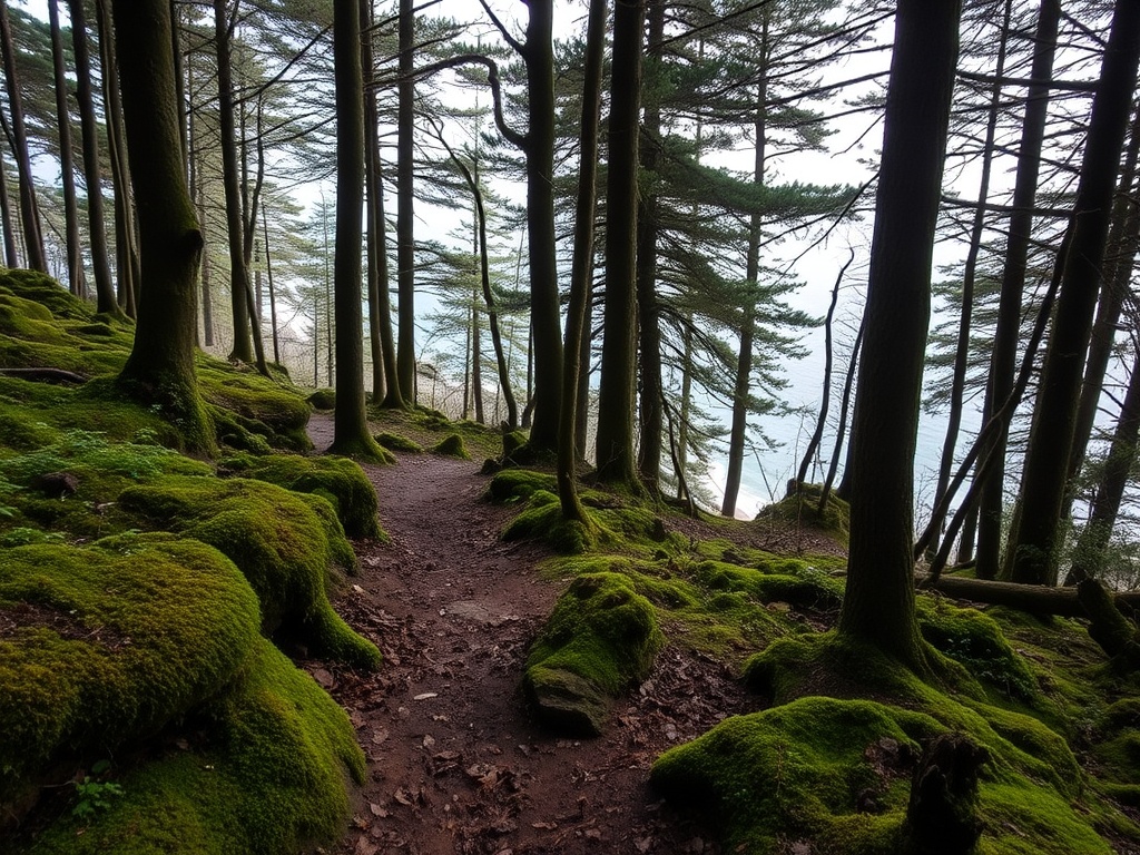 mossy forest section of trail with ocean glimpses and soft filtered light