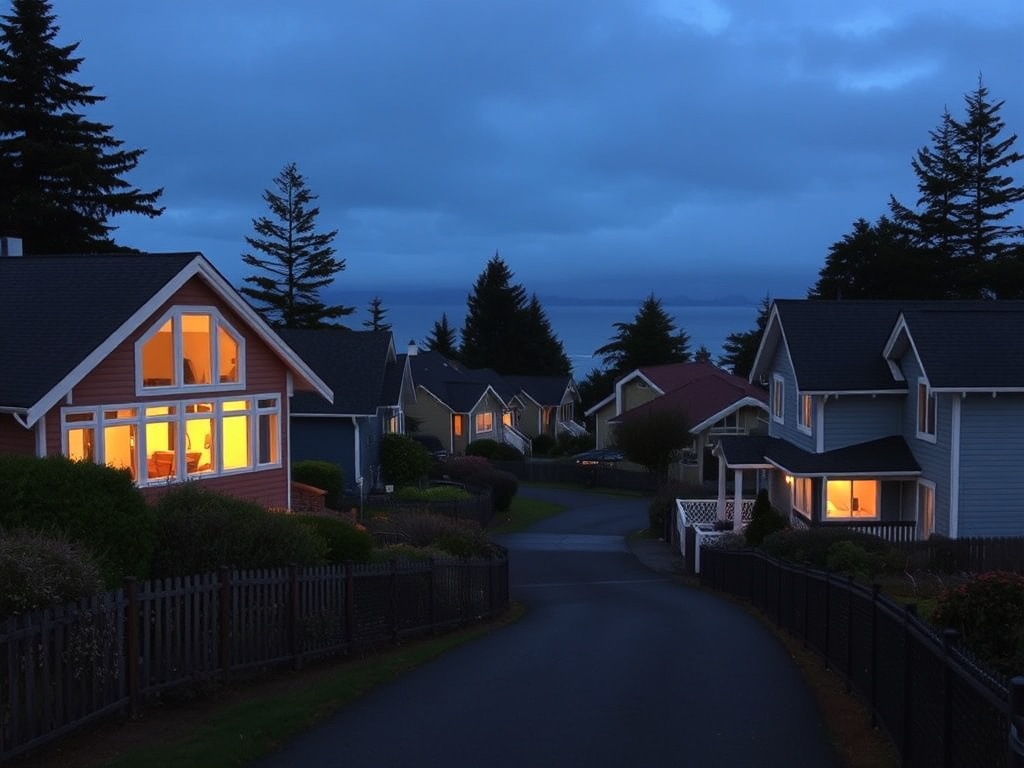 quiet coastal neighborhood in Ucluelet at dusk with soft lights in windows and calm atmosphere