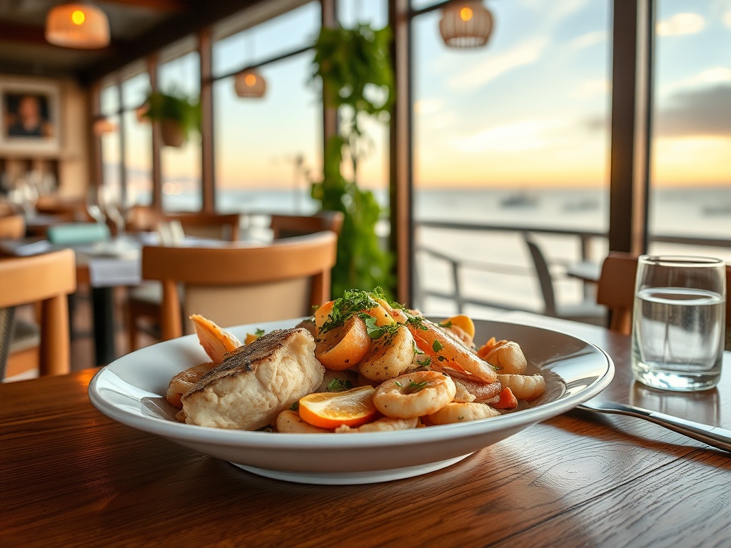 simple fresh seafood dish in a cozy coastal restaurant with ocean view