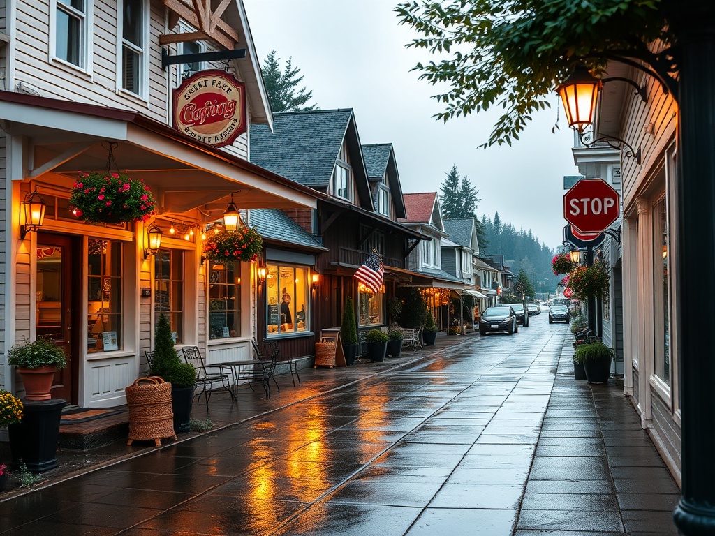 small coastal town street in Ucluelet with cozy cafes and light rain reflecting on pavement