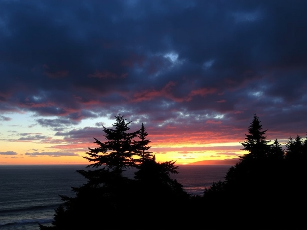 sunset over Pacific Ocean in Ucluelet with glowing horizon and silhouettes of trees
