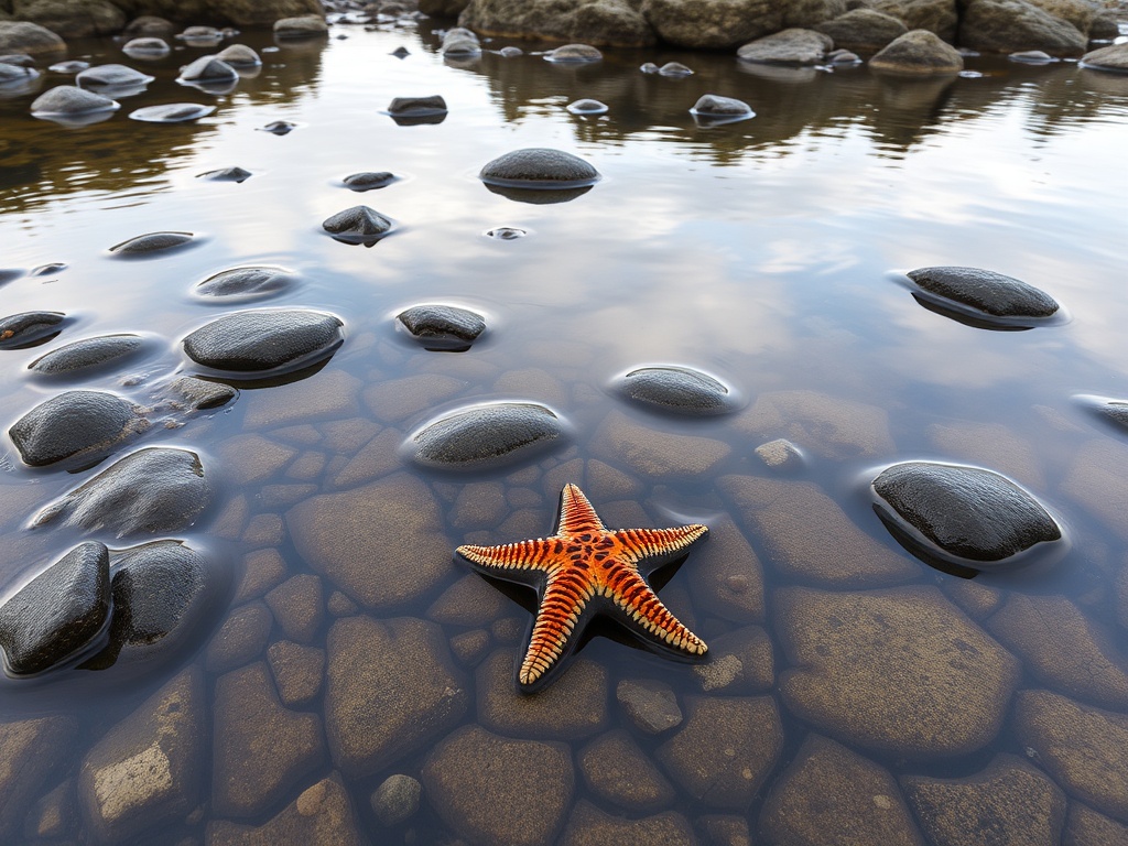 tide pools along Ucluelet coastline with starfish and reflections in still water