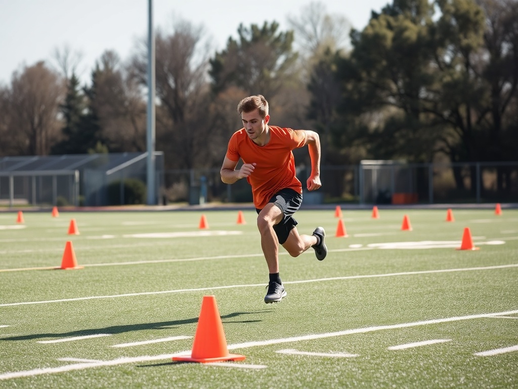athlete performing shuttle sprints with cones on a field emphasizing agility and quick direction changes