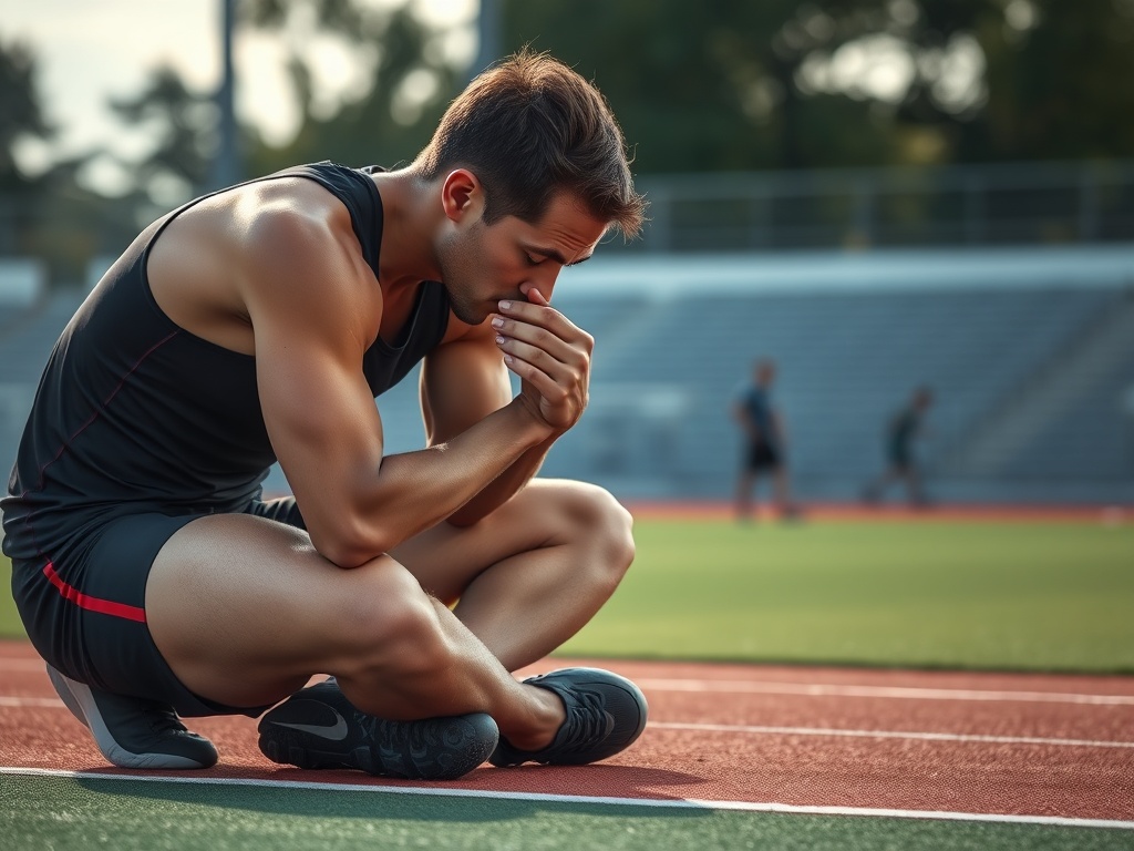 athlete resting between sprints hands on knees breathing heavily on a sports field showing fatigue and recovery