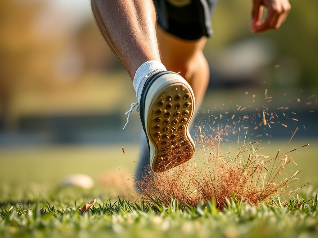 close-up of ultimate frisbee player planting foot and cutting sharply with grass flying for dynamic movement