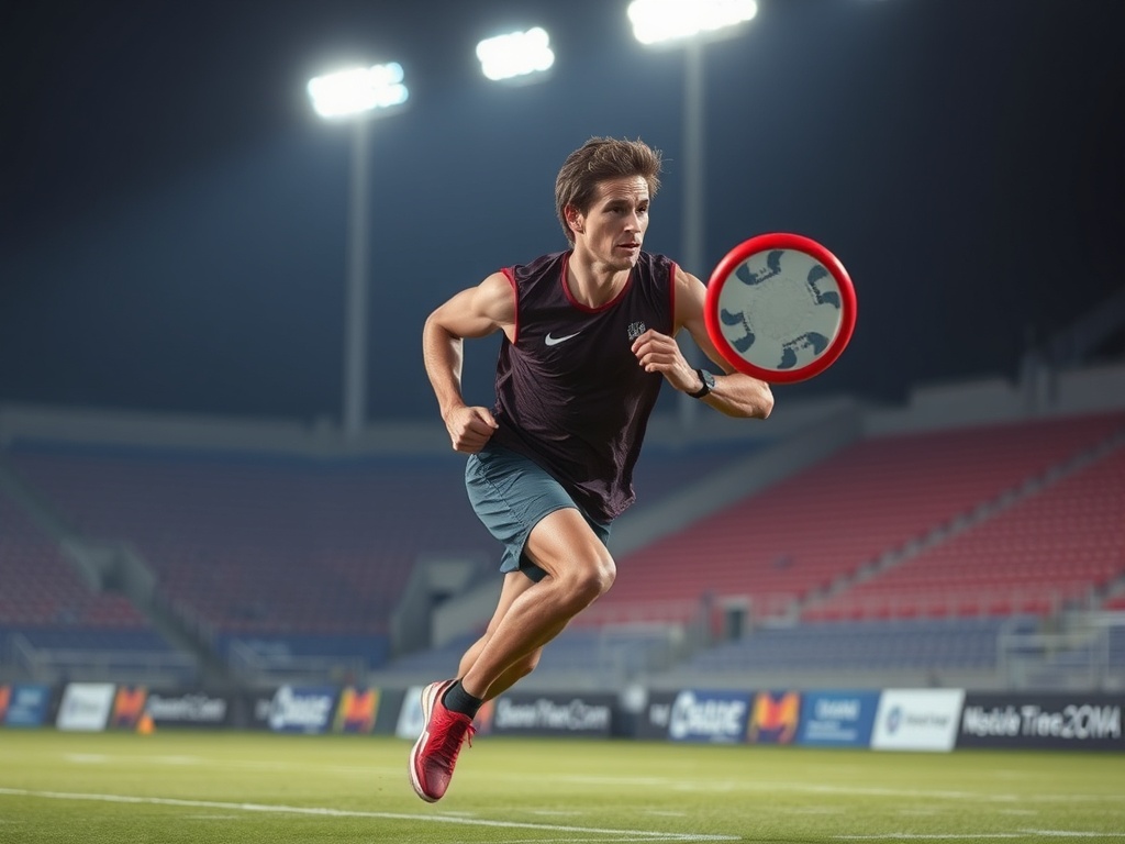 ultimate frisbee athlete doing interval sprint training with visible fatigue and determination under stadium lights
