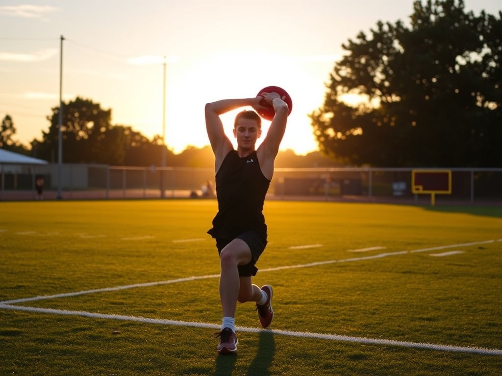 ultimate frisbee player stretching hamstrings on field during sunset emphasizing recovery and injury prevention