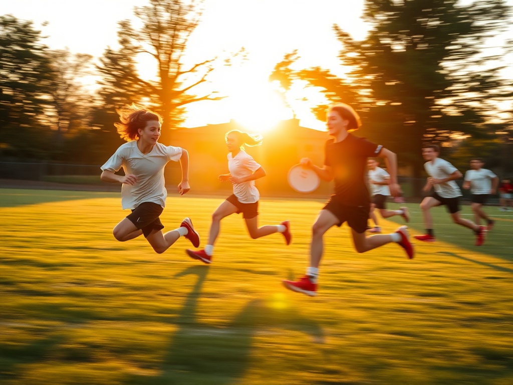 ultimate frisbee players sprinting and cutting on a grassy field during golden hour with intense focus and motion blur