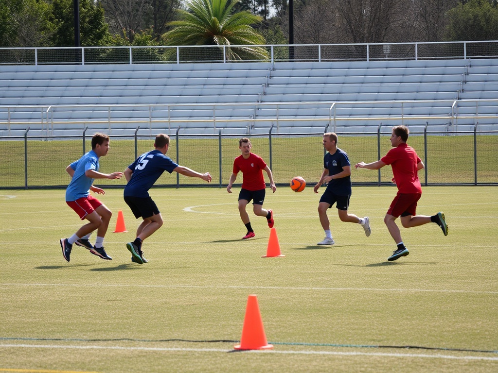 ultimate frisbee team training together on a large field with cones drills and coordinated movement