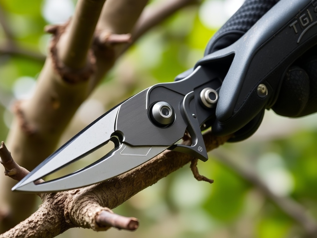 A close-up of sharp, quality pruning shears in action, cutting through a tree branch with ease.