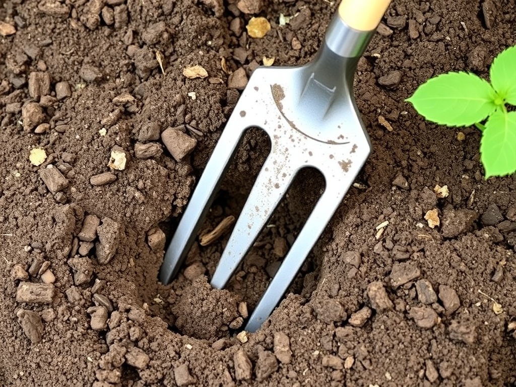 A garden fork placed in soil, showing its multiple prongs designed for breaking up hard ground.