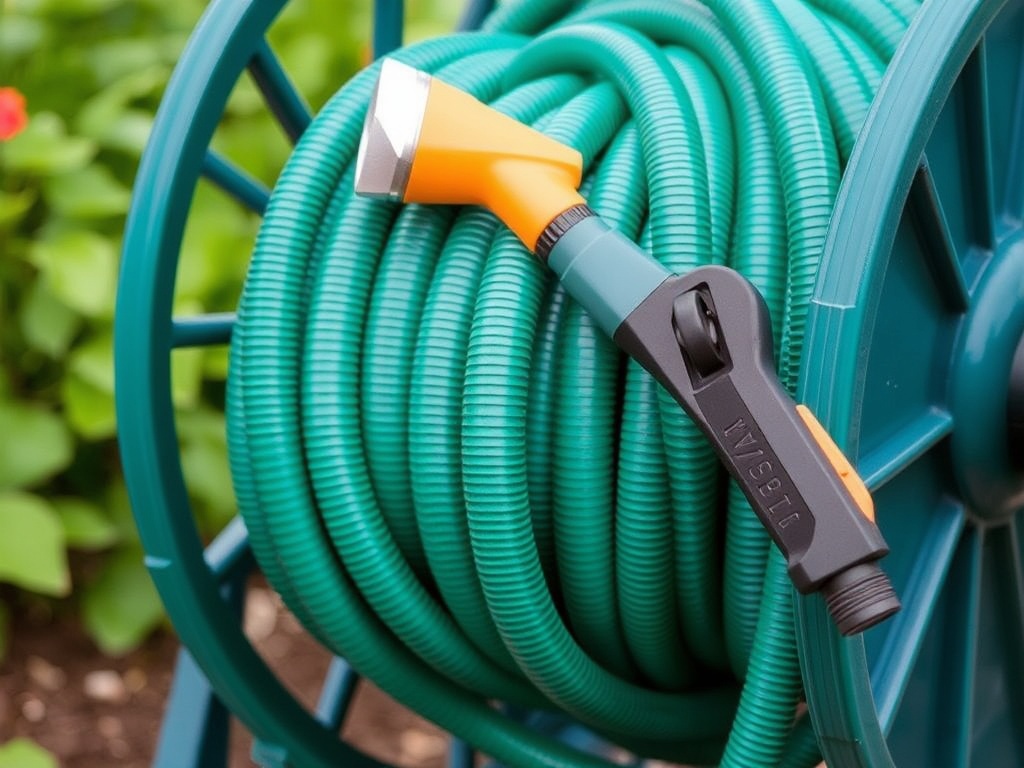 A garden hose coiled neatly on a hose reel, with a spray nozzle attached for easy watering.
