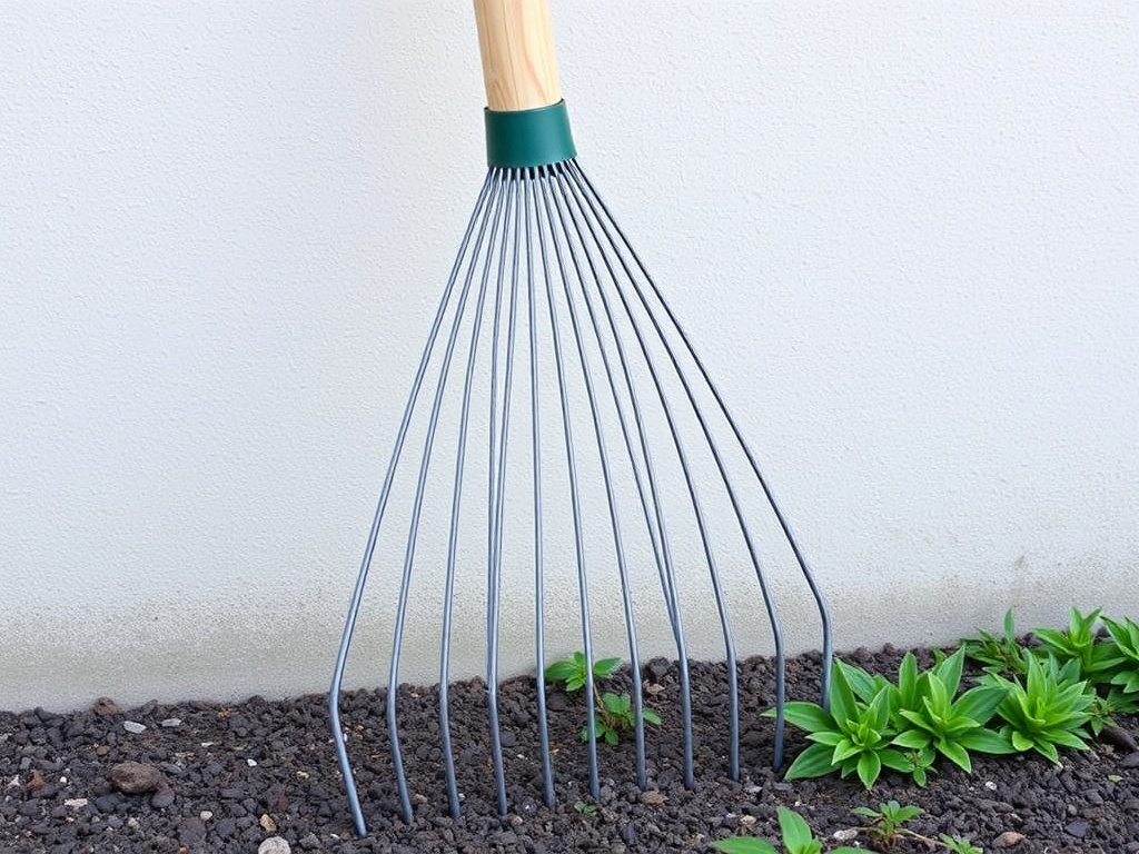 A garden rake leaning against a wall, with its tines clearly visible, showing its versatility for both clearing and leveling tasks.