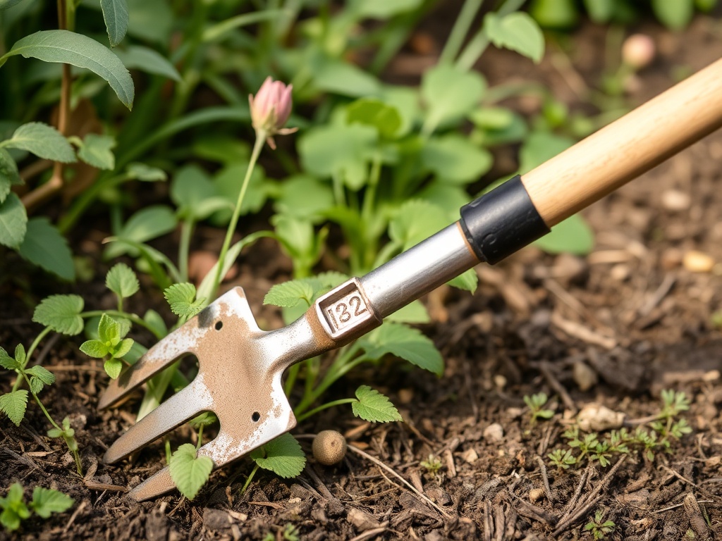 A garden tool with a long handle, used to remove stubborn weeds from the ground with precision.