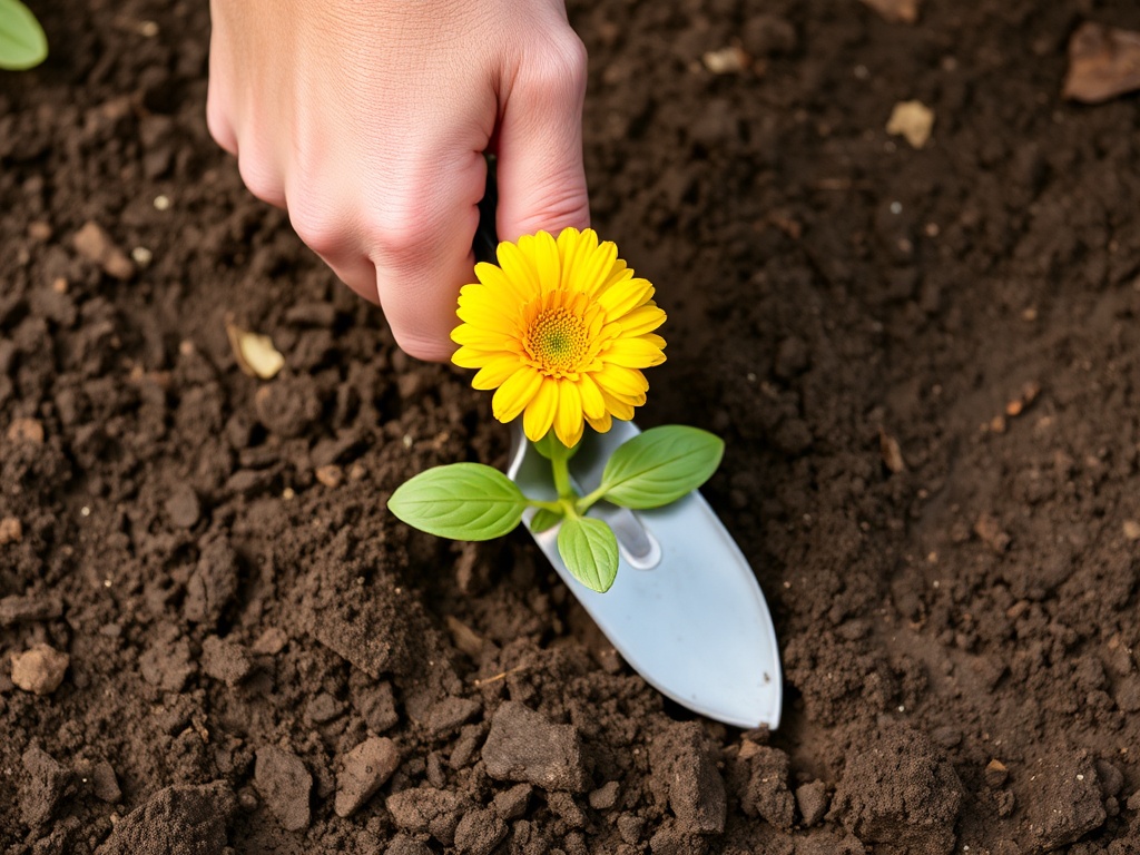 A gardener’s hand using a sturdy, well-designed hand trowel to plant a flower in rich soil.