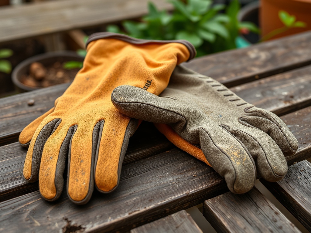 A pair of rugged garden gloves lying on a gardening table, ready for use in outdoor work.